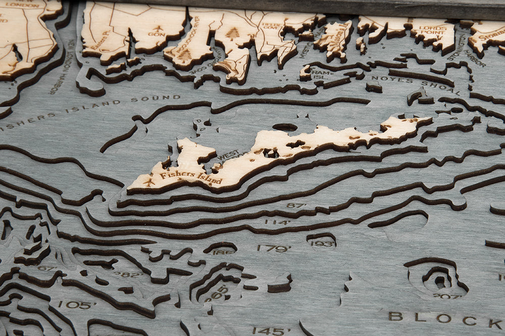 East Long Island Sound 3D layered wood map in laser-cut Baltic birch, shown framed against a light wall