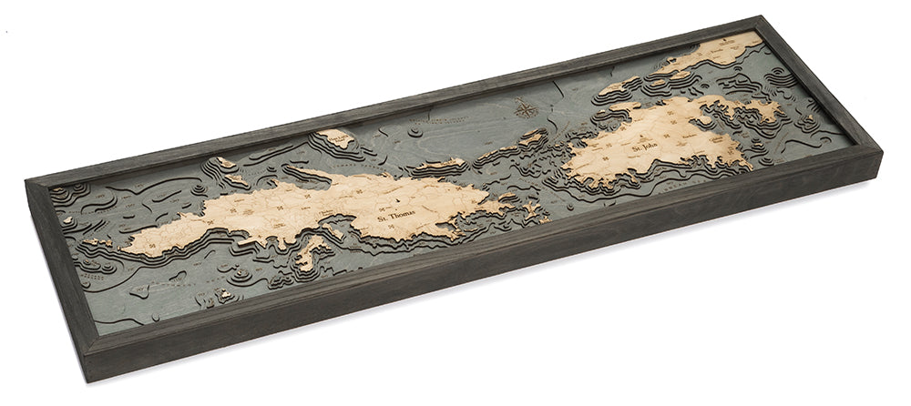 Virgin Islands, Caribbean 3D layered wood map in laser-cut Baltic birch, shown framed against a light wall
