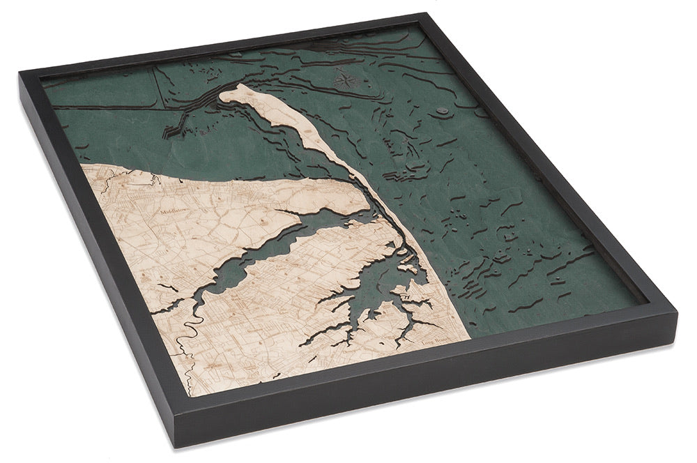 Rumson, New Jersey 3D layered wood map in laser-cut Baltic birch, shown framed against a light wall