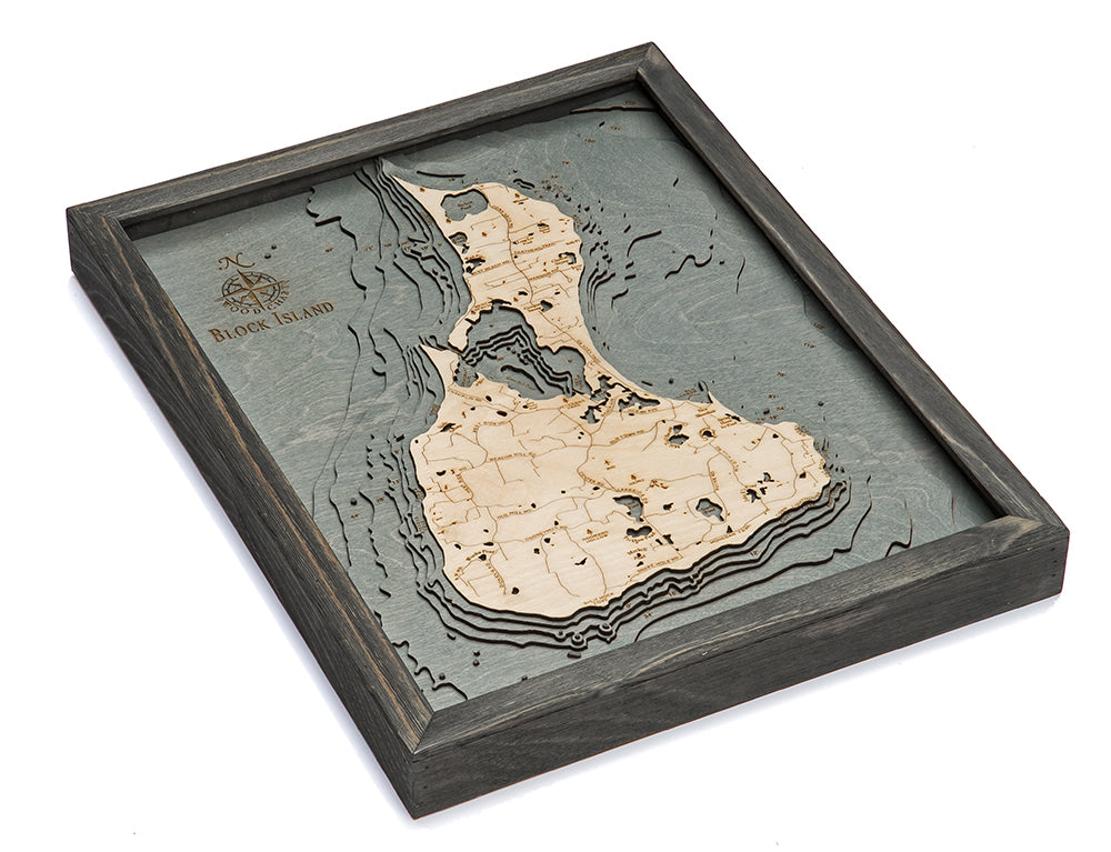 Block Island, Rhode Island 3D layered wood map in laser-cut Baltic birch, shown framed against a light wall