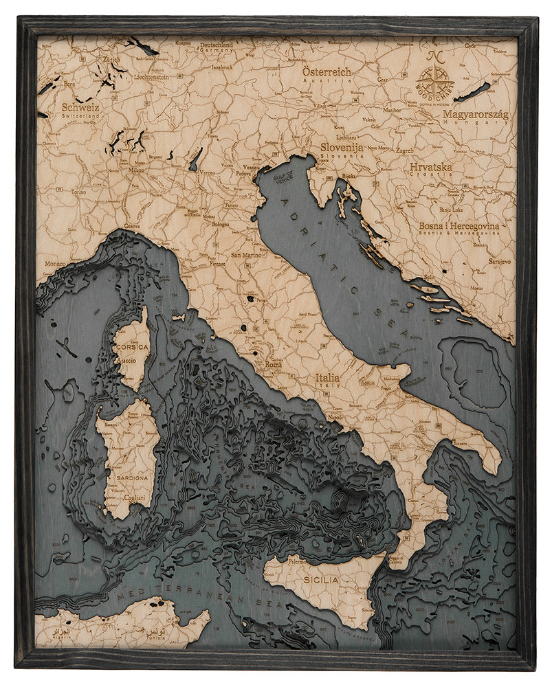 Italy Wood Carved Topographic Depth Chart / Map