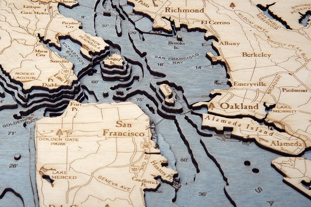 San Francisco, California 3D wood map, white frame