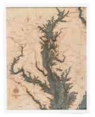 Chesapeake Bay, Maryland 3D layered wood map in laser-cut Baltic birch, shown framed against a light wall