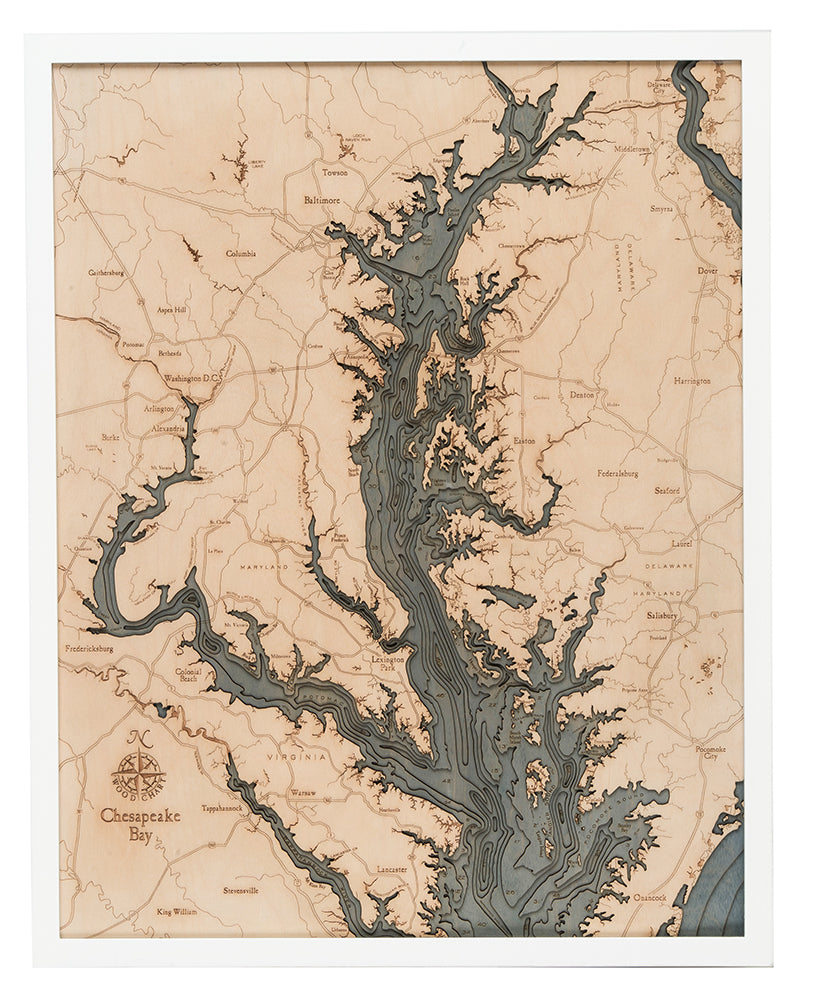 Chesapeake Bay, Maryland 3D layered wood map in laser-cut Baltic birch, shown framed against a light wall