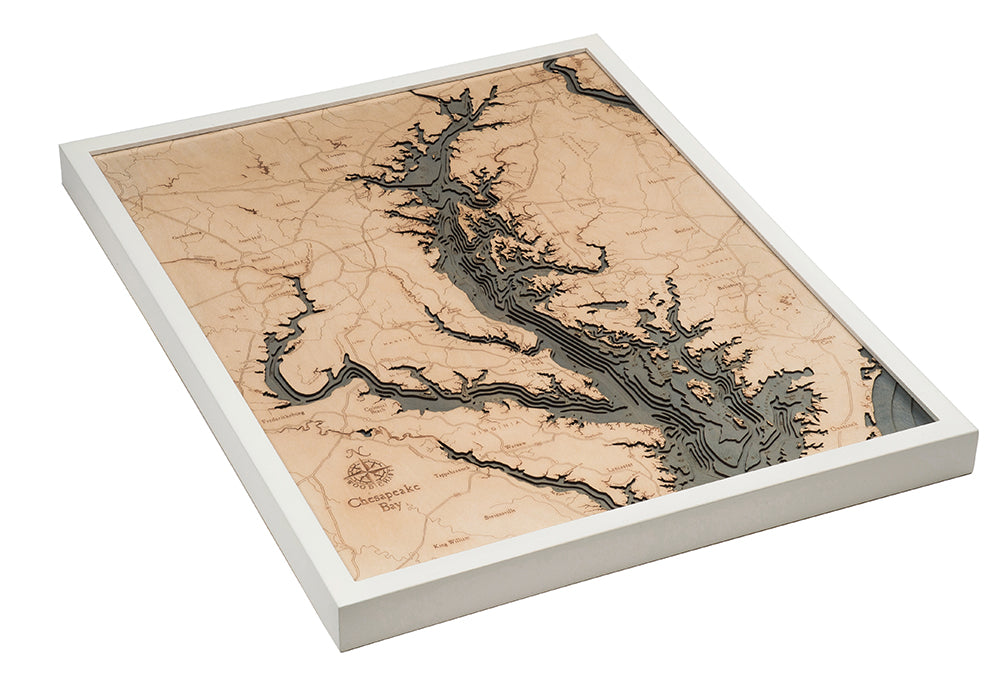 Chesapeake Bay, Maryland 3D layered wood map in laser-cut Baltic birch, shown framed against a light wall