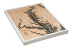 Chesapeake Bay, Maryland 3D layered wood map in laser-cut Baltic birch, shown framed against a light wall