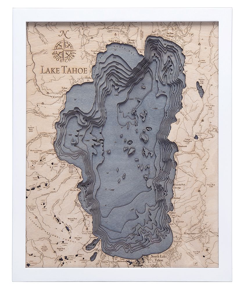 Lake Tahoe, California 3D wood map, white frame