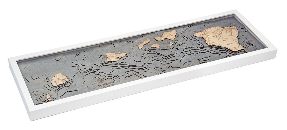 Hawaiian Islands 3D wood map, white frame
