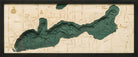 Lake Geneva, Wisconsin 3D layered wood map in laser-cut Baltic birch, shown framed against a light wall