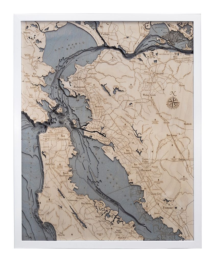 San Francisco, California 3D wood map, white frame