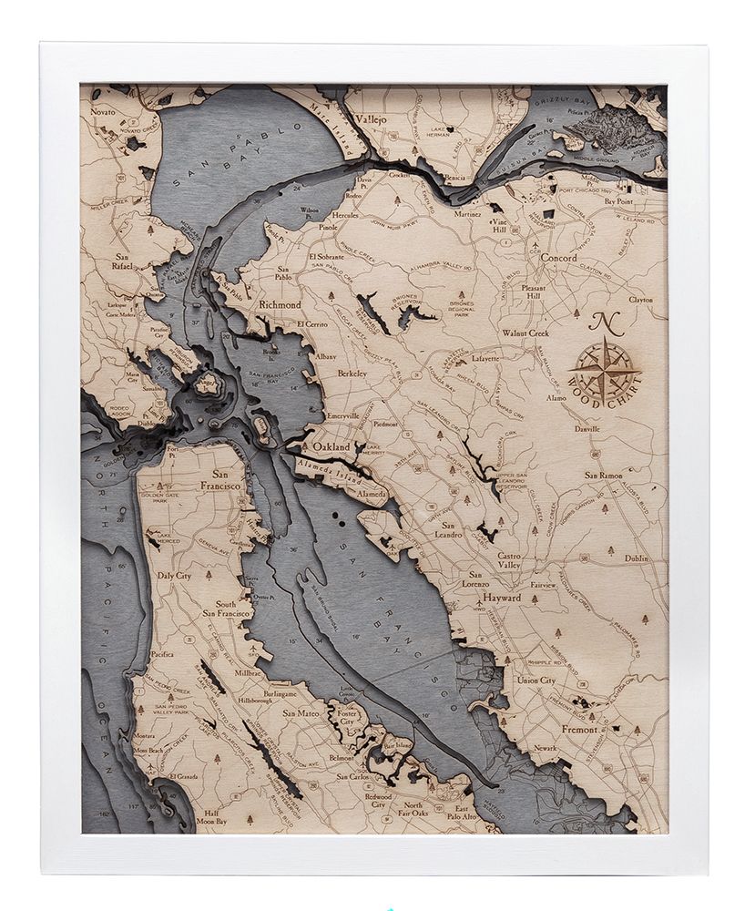 San Francisco, California 3D wood map, white frame