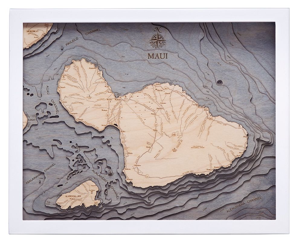 Maui, Hawaii 3D wood map, white frame