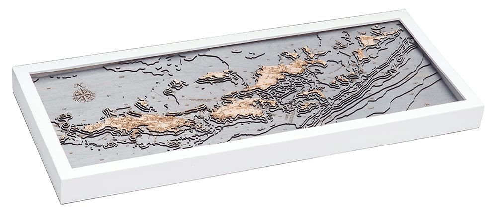 Virgin Islands, Caribbean 3D layered wood map in laser-cut Baltic birch, shown framed against a light wall