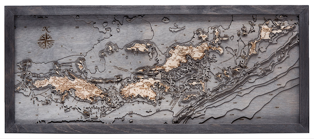 Virgin Islands, Caribbean 3D layered wood map in laser-cut Baltic birch, shown framed against a light wall