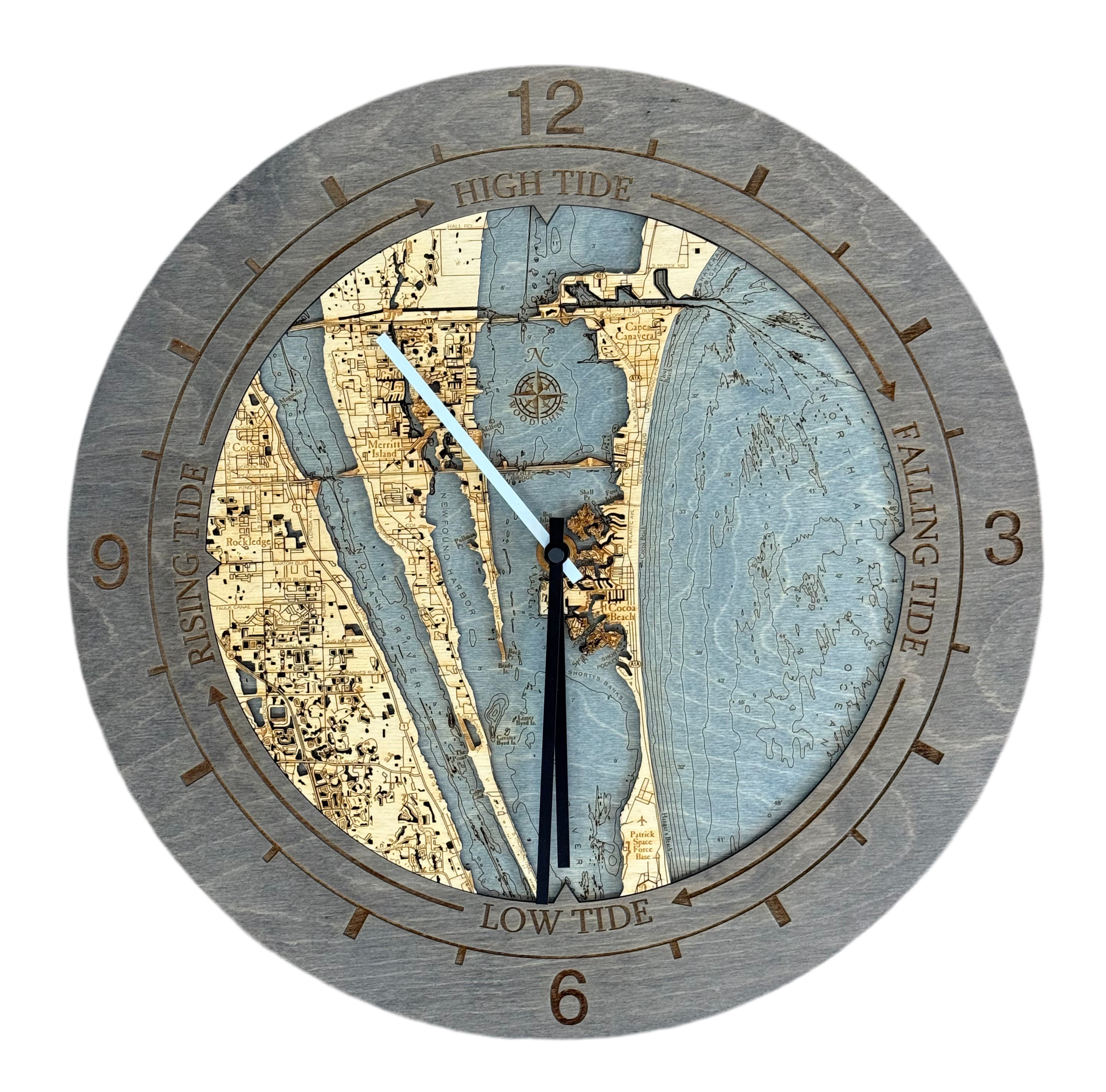 Cocoa Beach, Florida wood tide clock in laser-cut Baltic birch, shown framed against a light wall