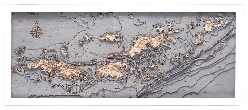 Virgin Islands, Caribbean 3D layered wood map in laser-cut Baltic birch, shown framed against a light wall