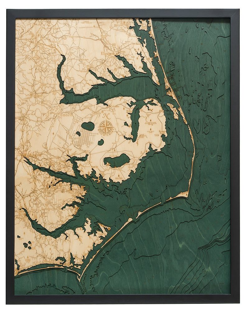 Outer Banks, North Carolina 3D wood map 24.5 x 31, dark frame