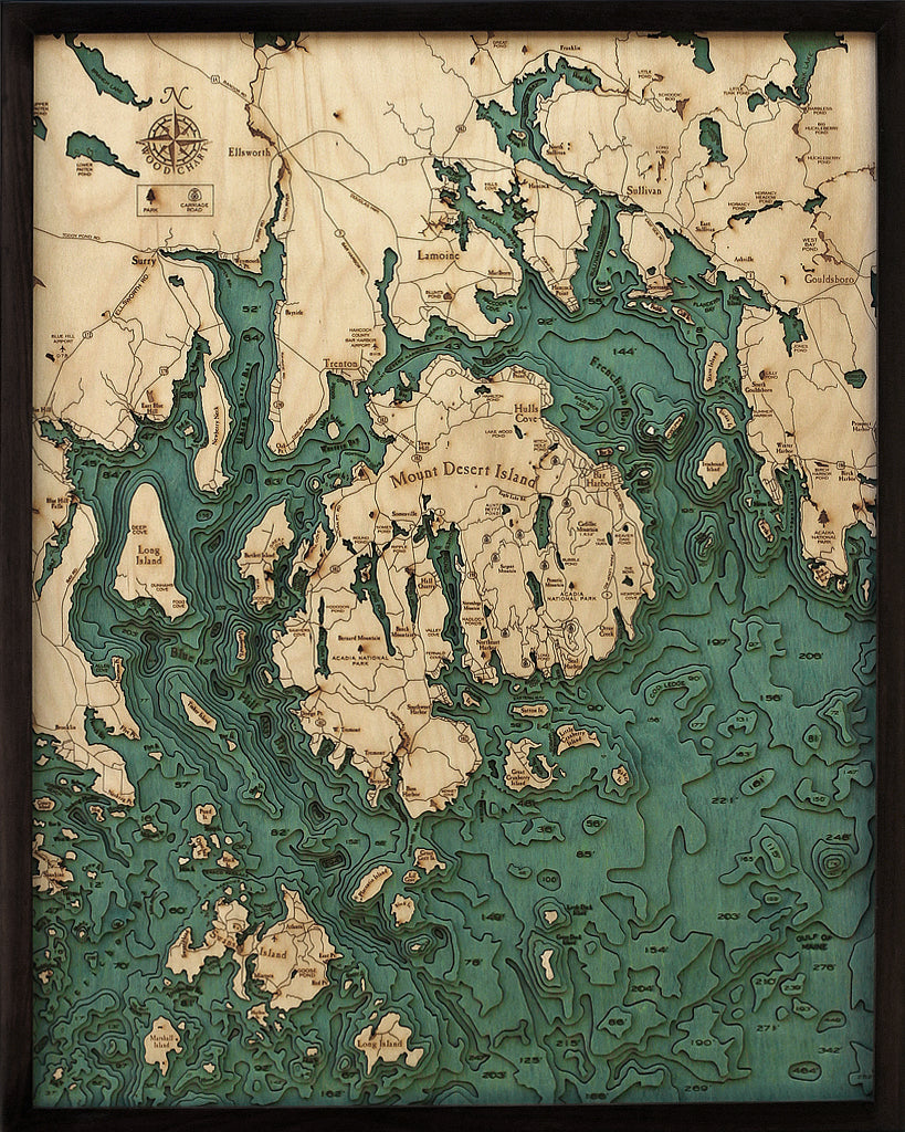 Bar Harbor & Mount Desert, Maine 3D layered wood map in laser-cut Baltic birch, shown framed against a light wall