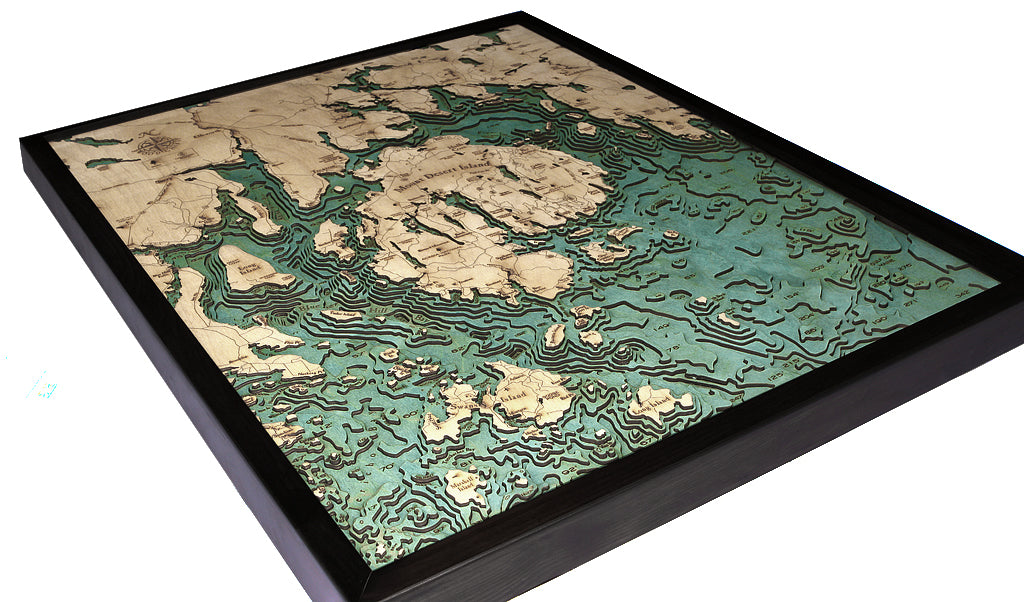 Bar Harbor & Mount Desert, Maine 3D layered wood map in laser-cut Baltic birch, shown framed against a light wall