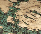 Bar Harbor & Mount Desert, Maine 3D layered wood map in laser-cut Baltic birch, shown framed against a light wall