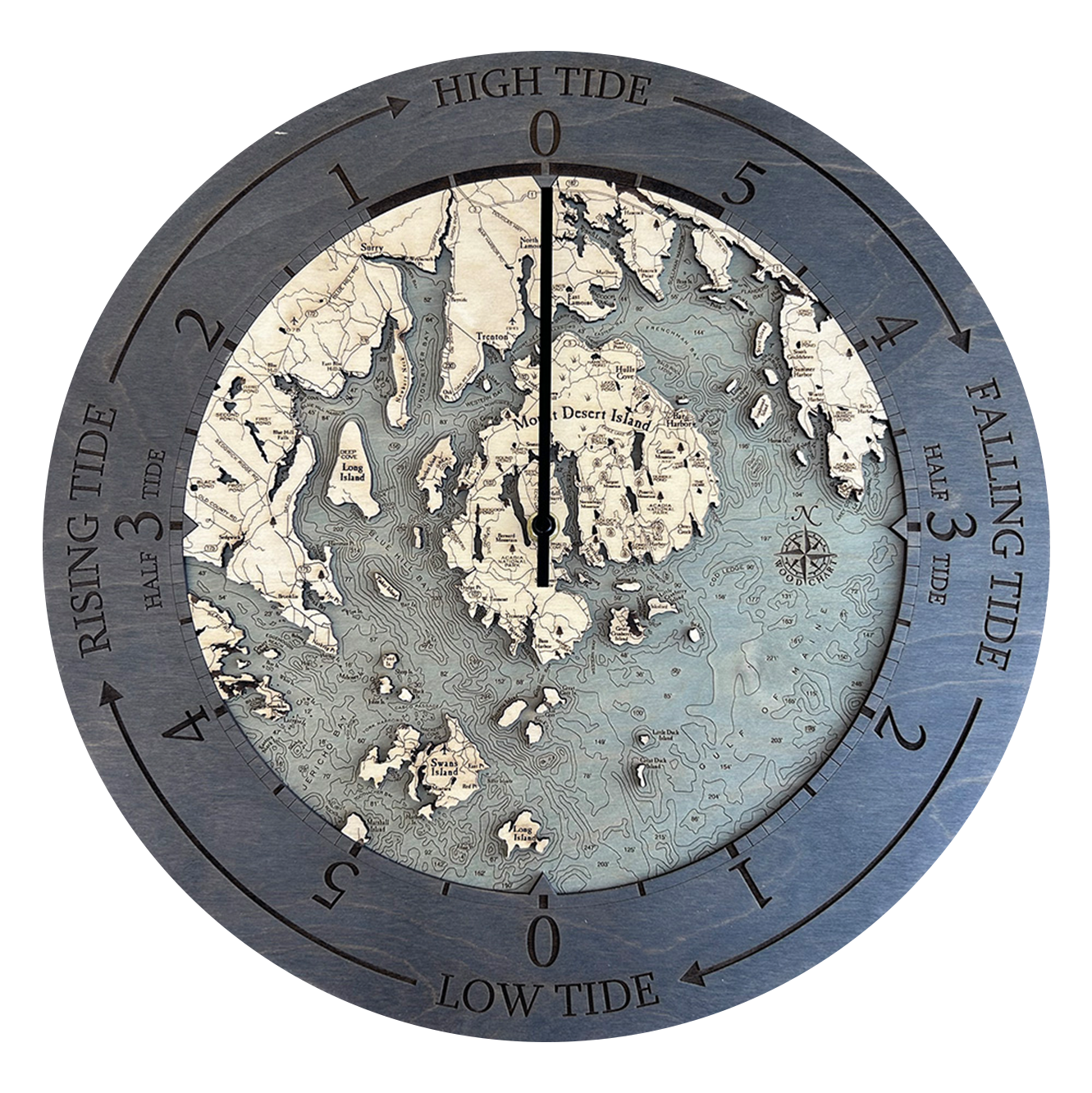 Bar Harbor & Mount Desert, Maine wood tide clock in laser-cut Baltic birch, shown framed against a light wall