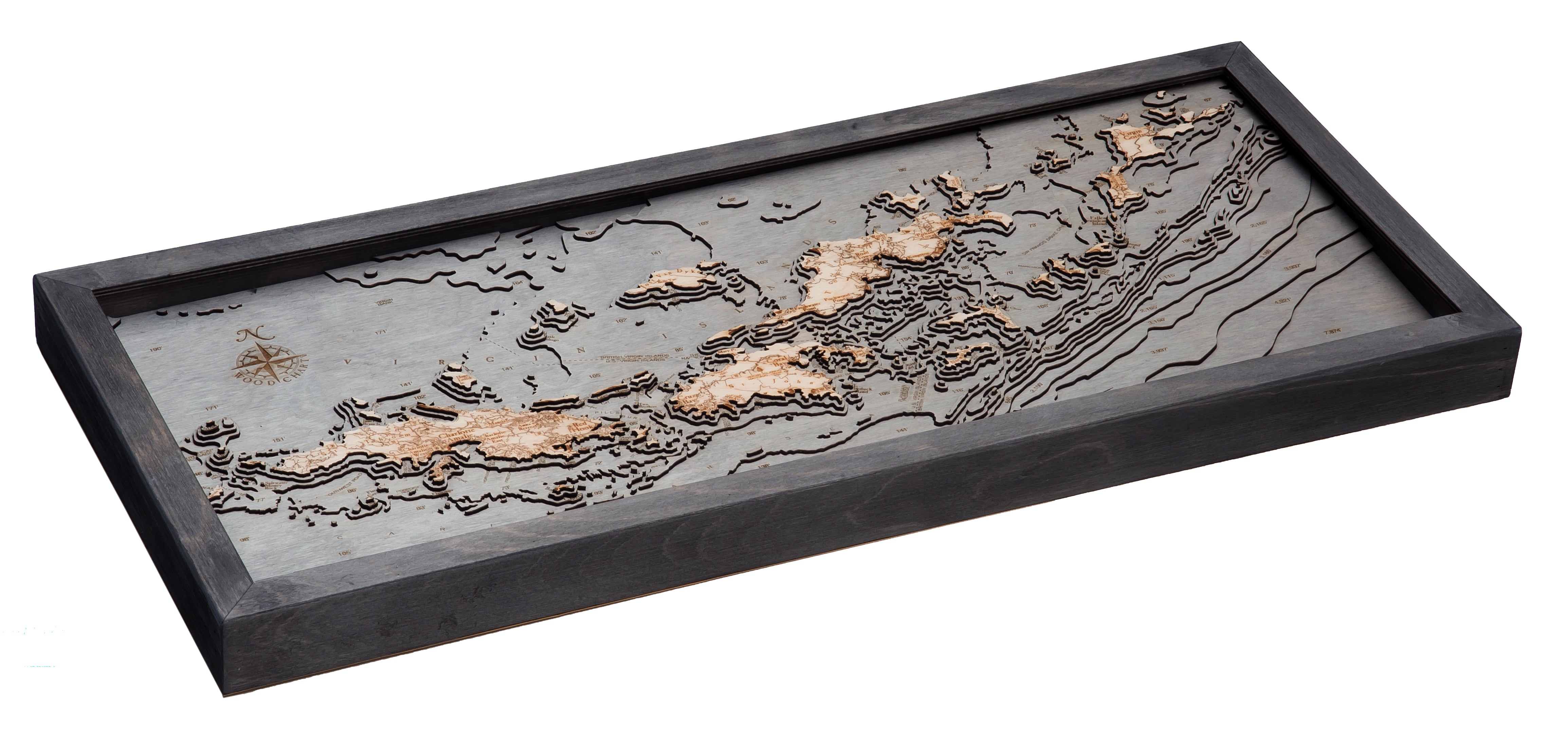 Virgin Islands, Caribbean 3D layered wood map in laser-cut Baltic birch, shown framed against a light wall