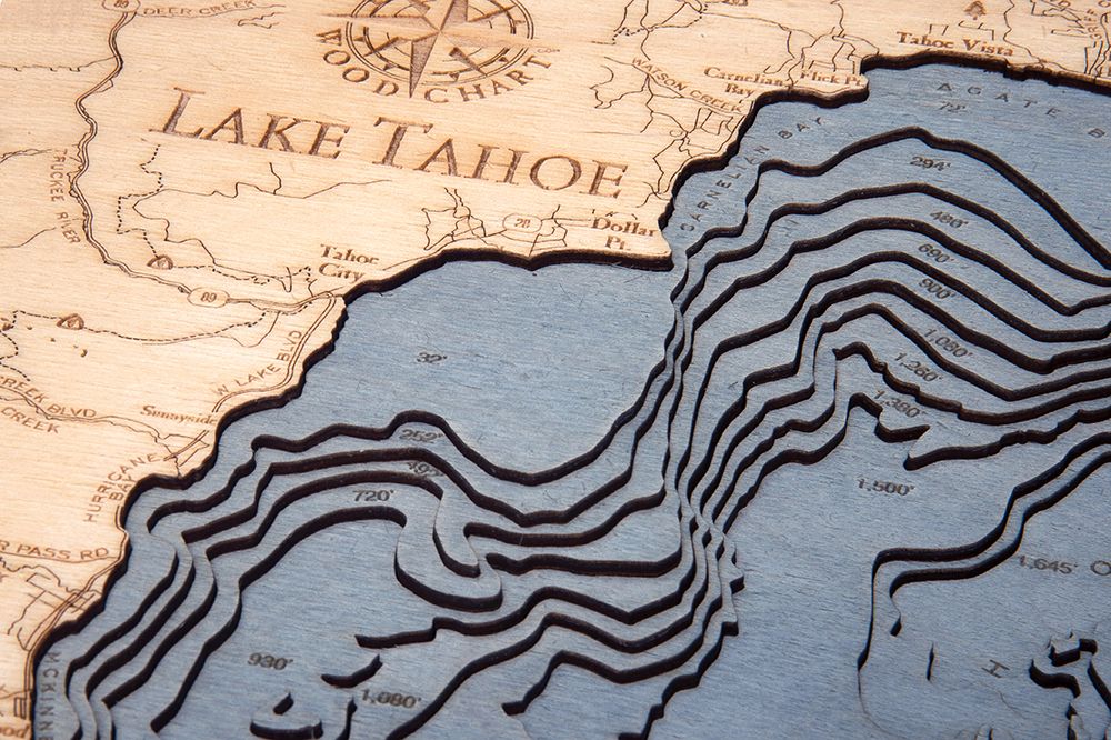Lake Tahoe, California 3D wood map, white frame