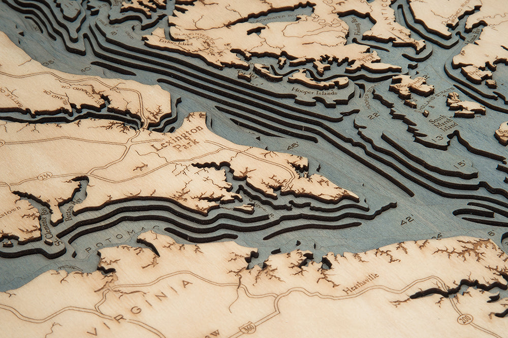 Chesapeake Bay, Maryland 3D layered wood map in laser-cut Baltic birch, shown framed against a light wall