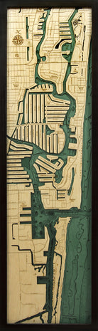Fort Lauderdale, Florida 3D layered wood map in laser-cut Baltic birch, shown framed against a light wall