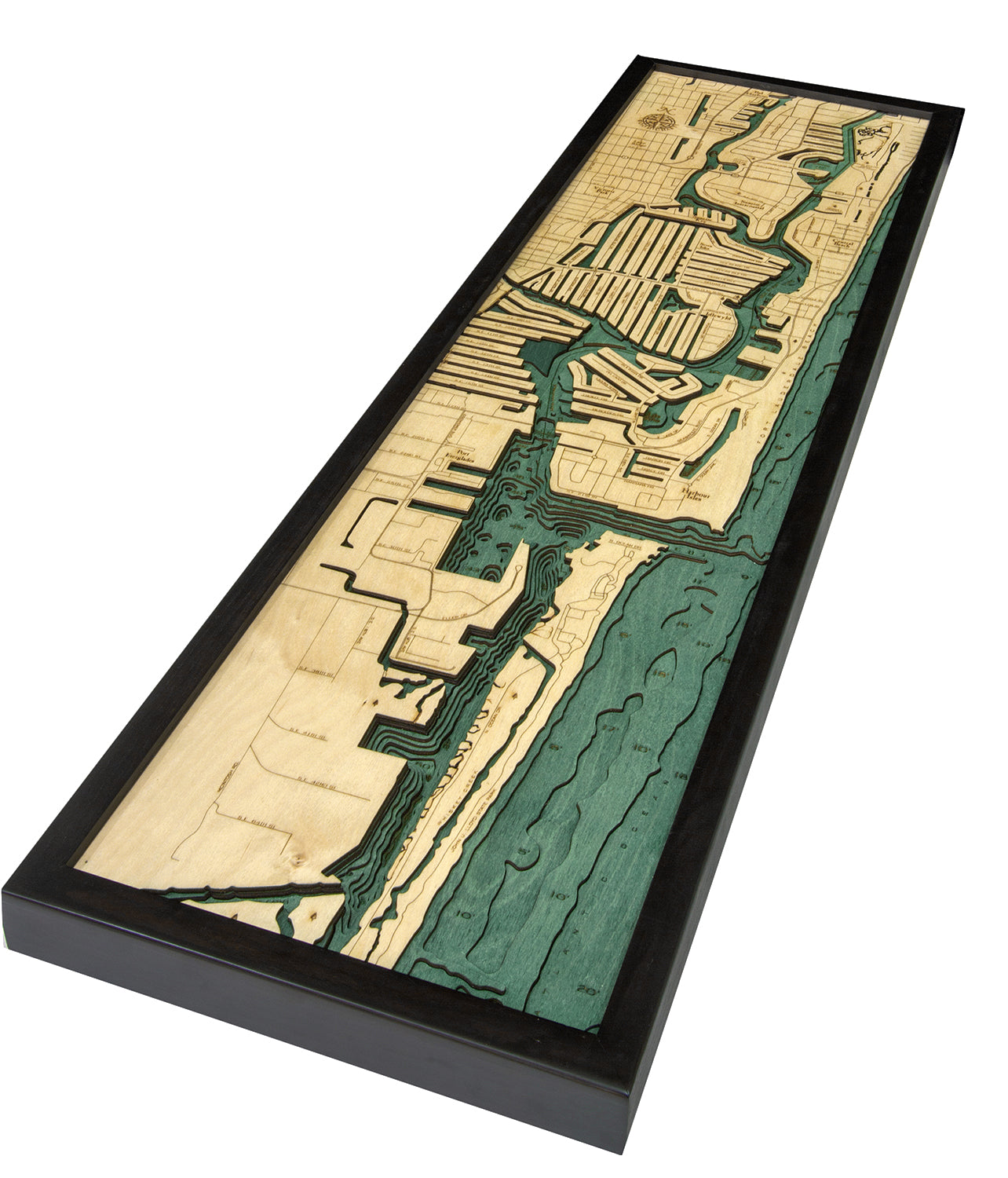 Fort Lauderdale, Florida 3D layered wood map in laser-cut Baltic birch, shown framed against a light wall