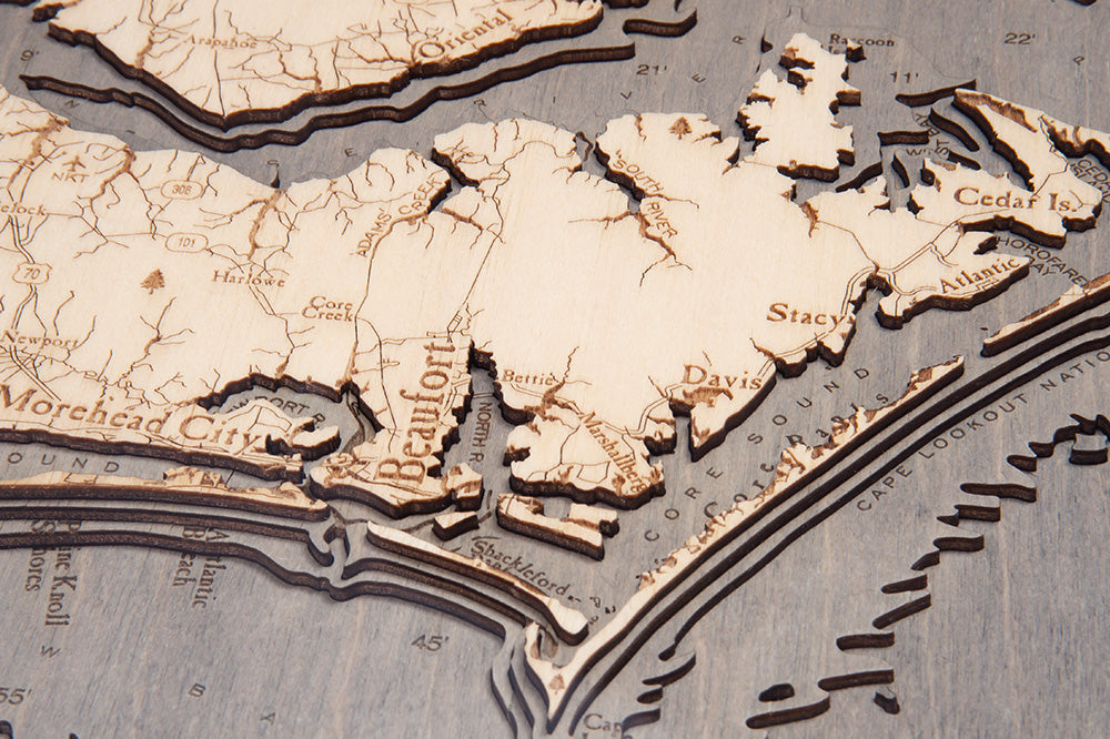 Outer Banks, North Carolina 3D wood map 24.5 x 31, light frame