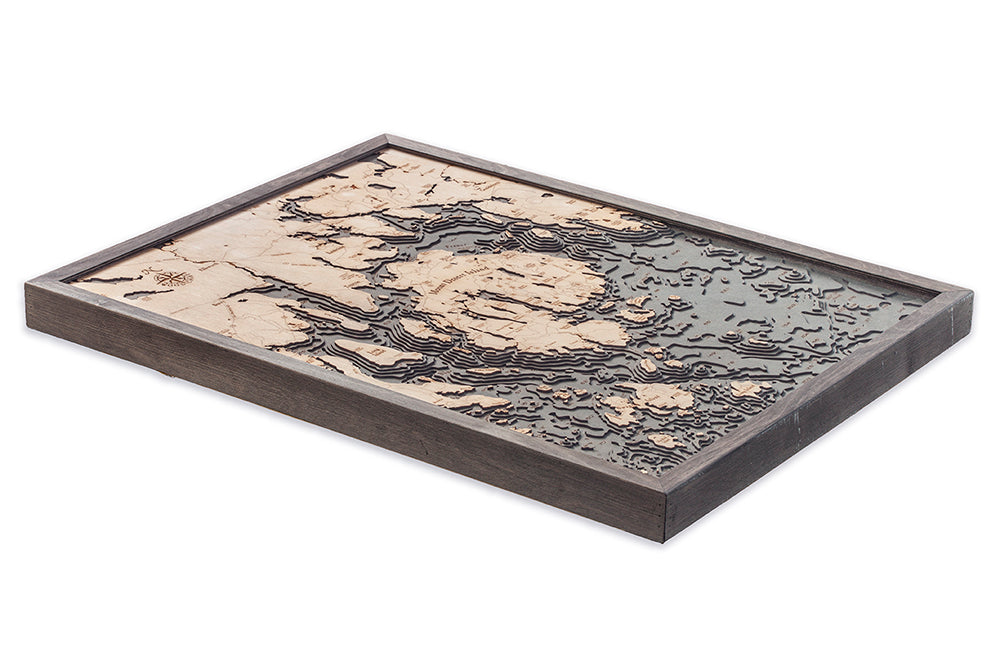 Bar Harbor & Mount Desert, Maine 3D layered wood map in laser-cut Baltic birch, shown framed against a light wall