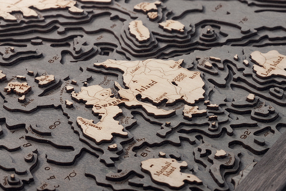 Bar Harbor & Mount Desert, Maine 3D layered wood map in laser-cut Baltic birch, shown framed against a light wall