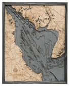Delaware Bay 3D layered wood map in laser-cut Baltic birch, shown framed against a light wall