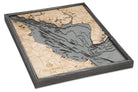 Delaware Bay 3D layered wood map in laser-cut Baltic birch, shown framed against a light wall