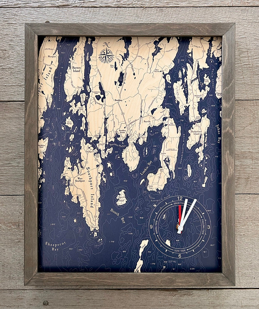 Boothbay Harbor framed tide and time clock, light frame