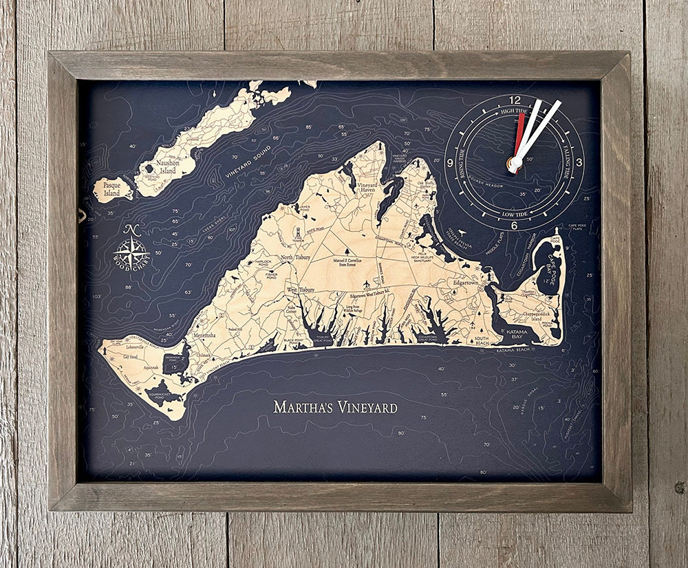 Martha's Vineyard framed tide and time clock, light frame