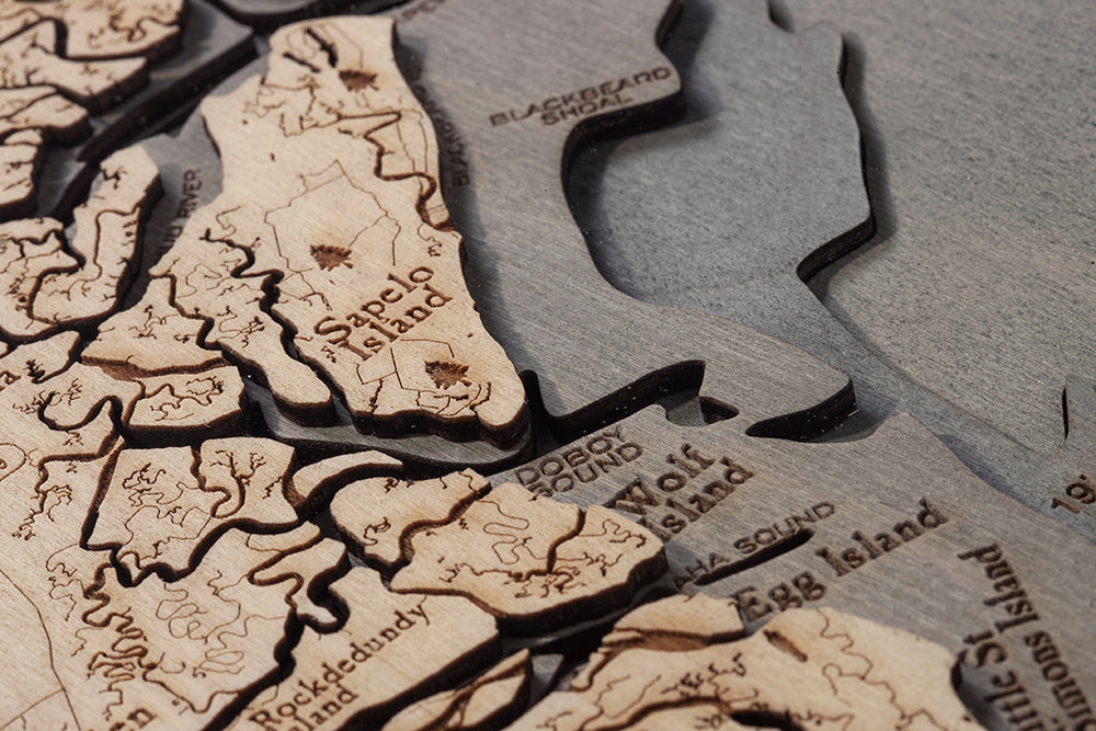 Georgia Coast 3D layered wood map in laser-cut Baltic birch, shown framed against a light wall