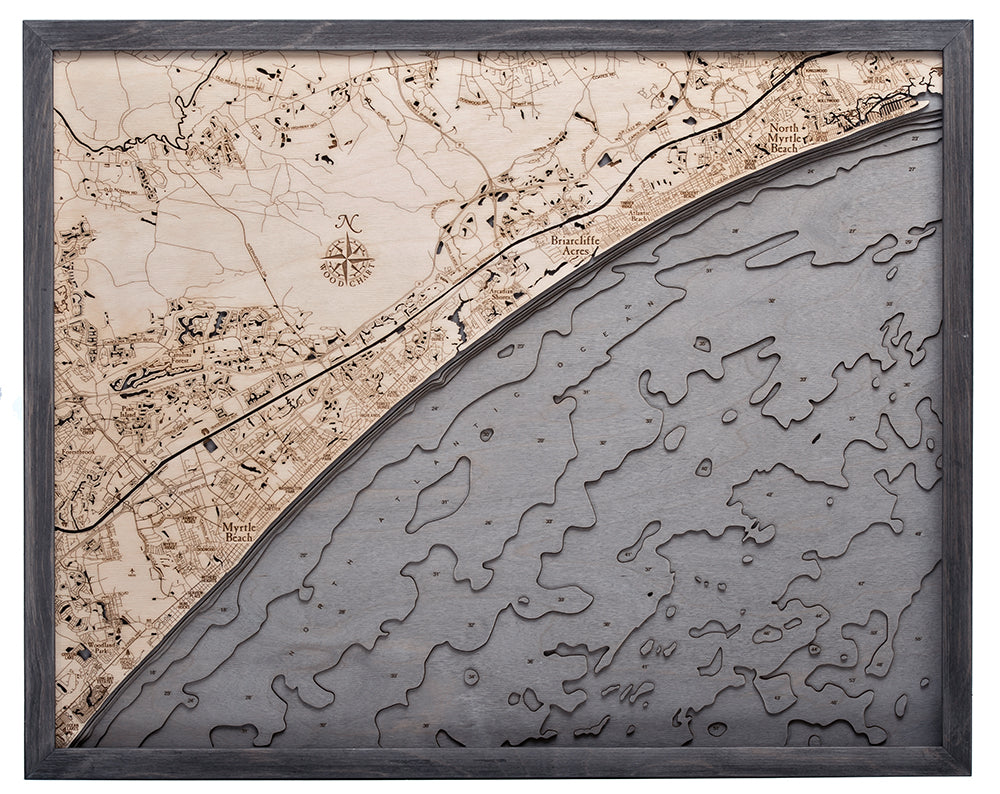 Myrtle to North Myrtle Beach 3D wood map, light frame