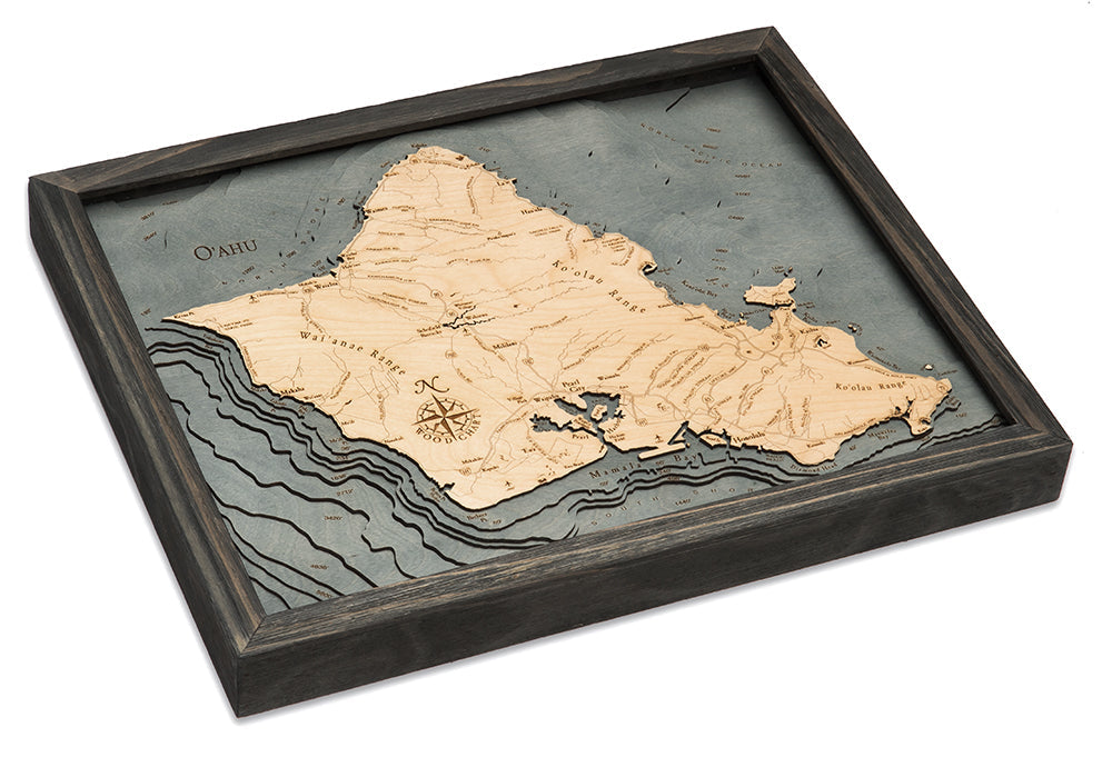 Oahu, Hawaii 3D wood map, light frame