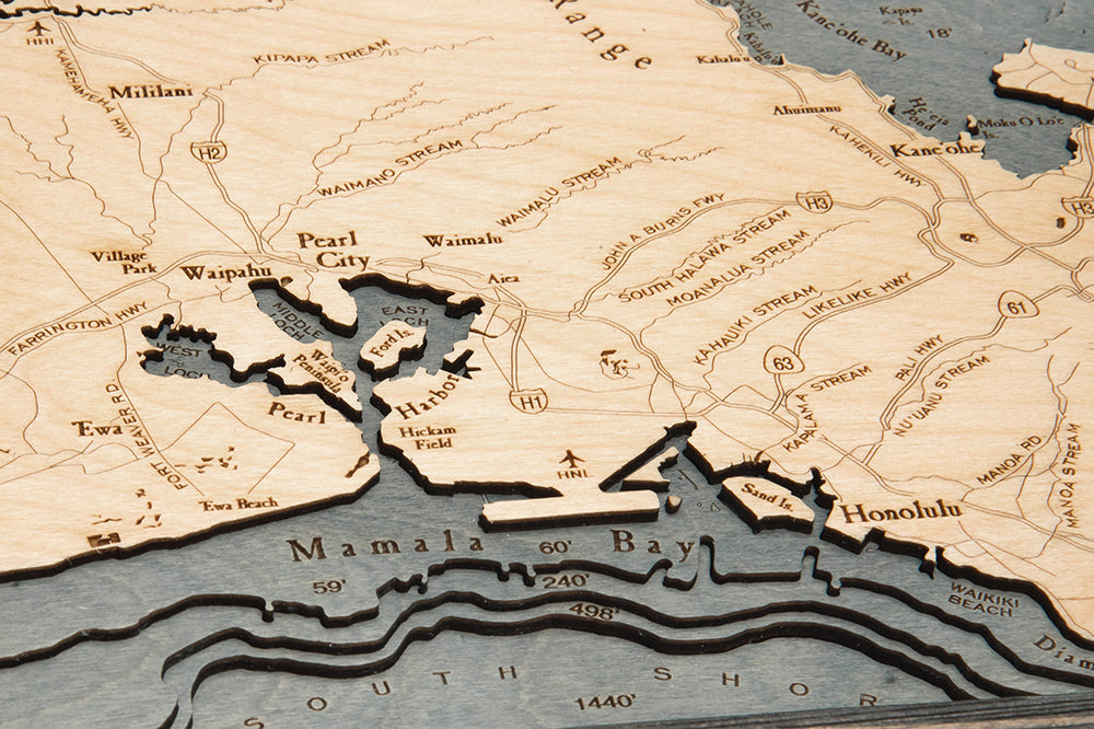 Oahu, Hawaii 3D wood map, light frame