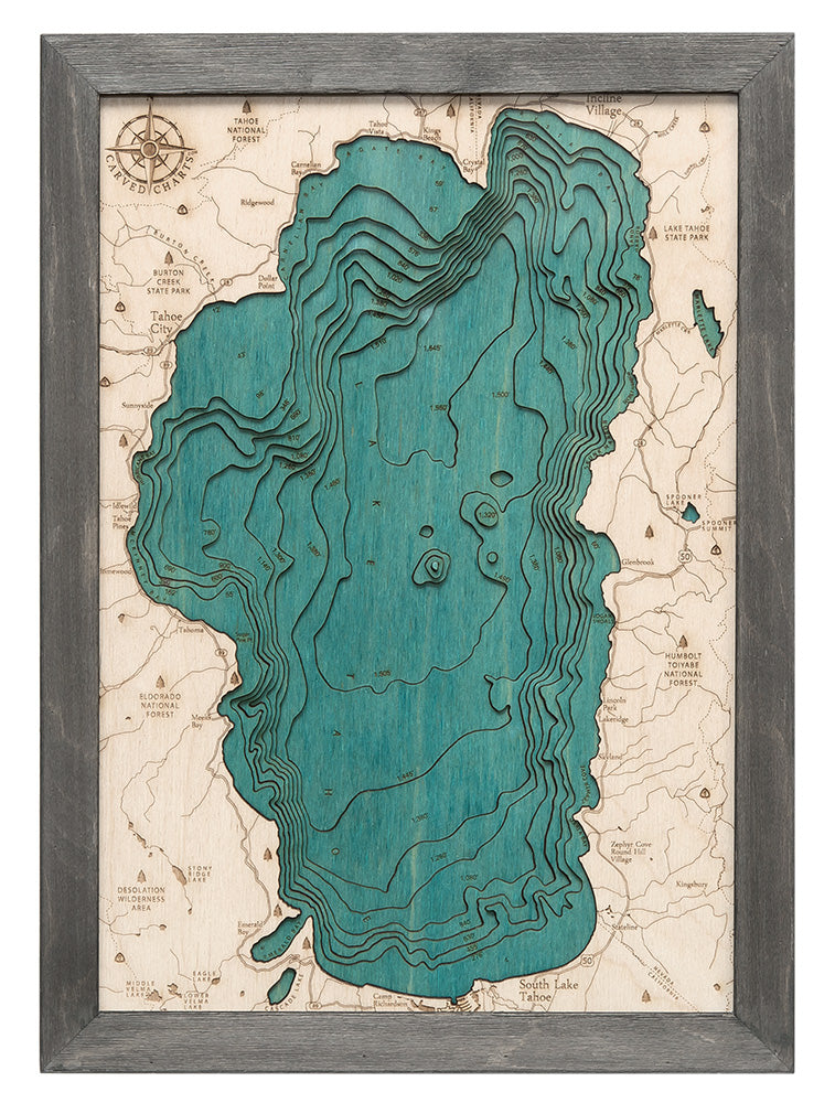 Lake Tahoe 3D wood map 12x16, light frame