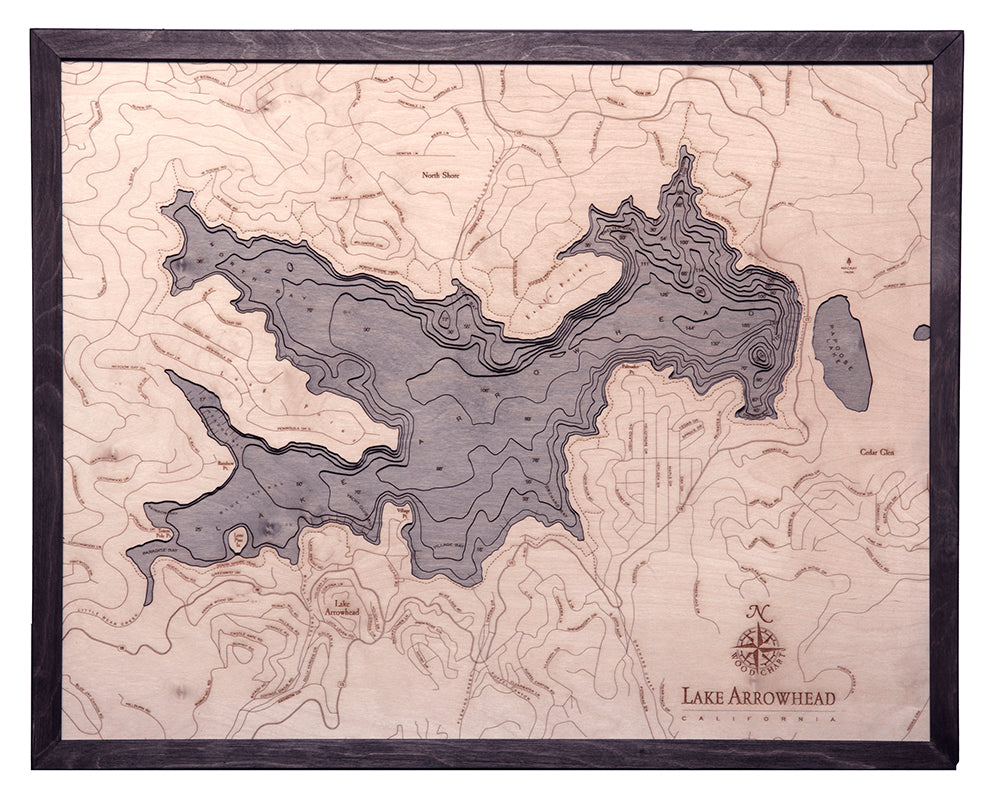 Lake Arrowhead, California 3D layered wood map in laser-cut Baltic birch, shown framed against a light wall