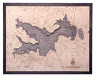 Lake Arrowhead, California 3D layered wood map in laser-cut Baltic birch, shown framed against a light wall