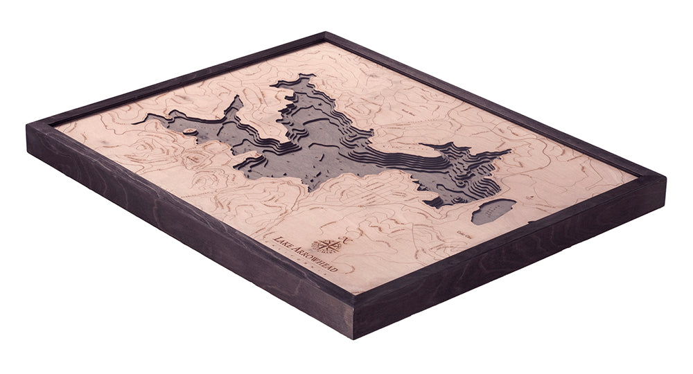 Lake Arrowhead, California 3D layered wood map in laser-cut Baltic birch, shown framed against a light wall