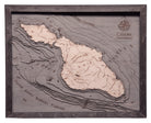Catalina Island, California 3D layered wood map in laser-cut Baltic birch, shown framed against a light wall