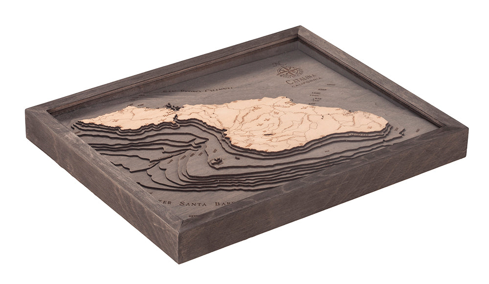 Catalina Island, California 3D layered wood map in laser-cut Baltic birch, shown framed against a light wall