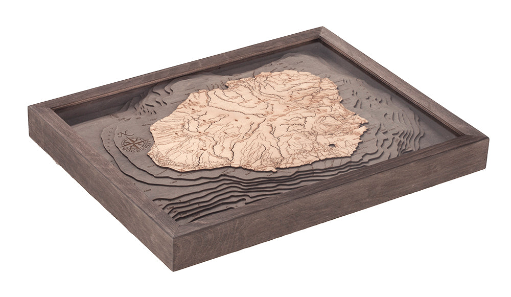 Kauai, Hawaii 3D wood map, light frame