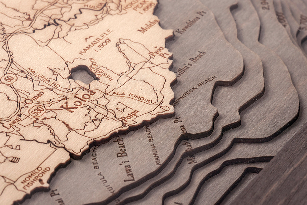 Kauai, Hawaii 3D wood map, light frame