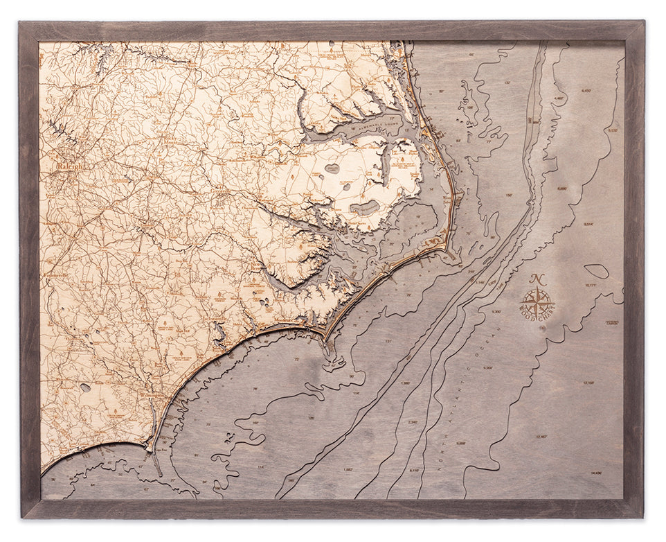 North Carolina Coast Wood Carved Topographic Depth Chart / Map